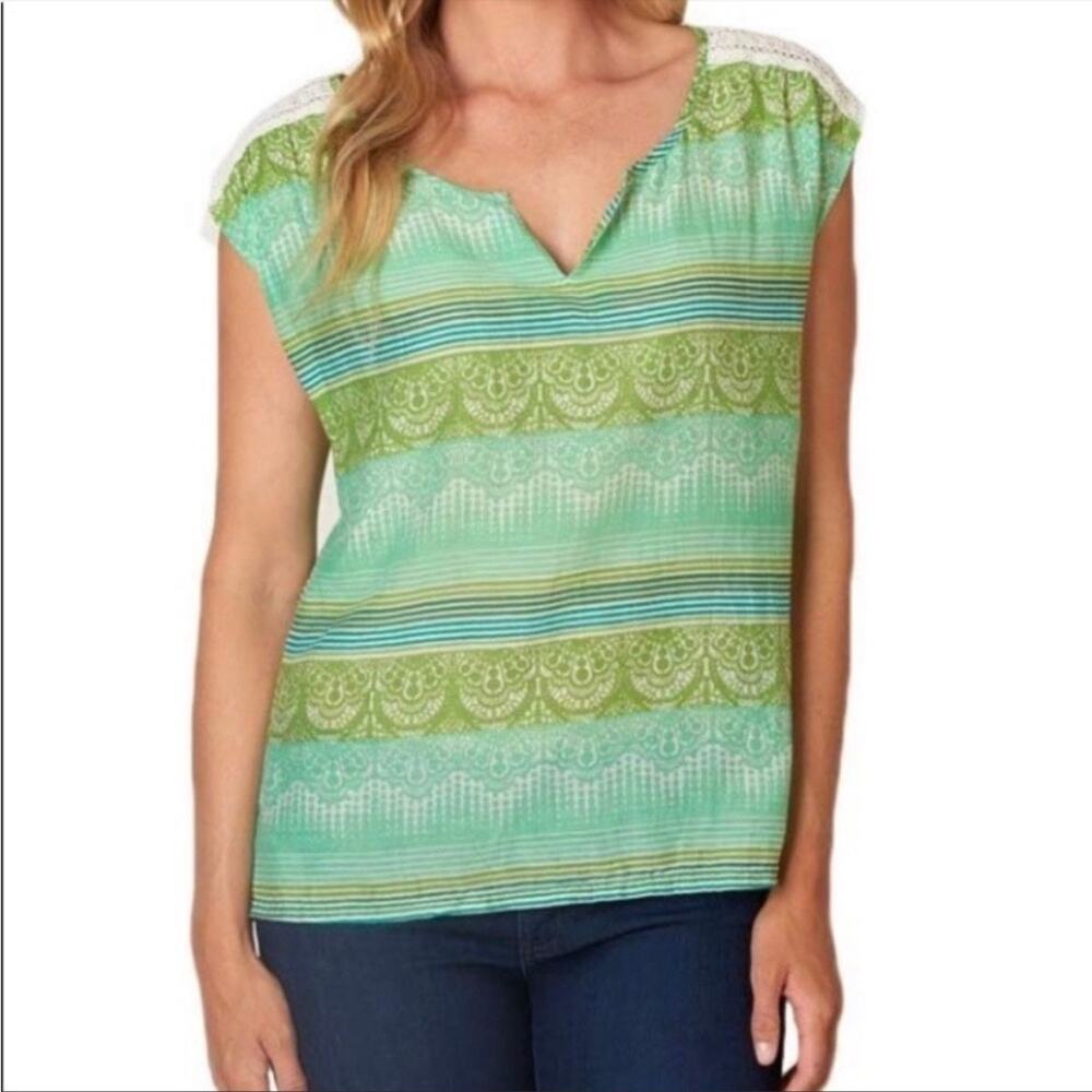 Prana Women’s Illiana Organic Cotton Silk Crochet Green Lightweight Top Small